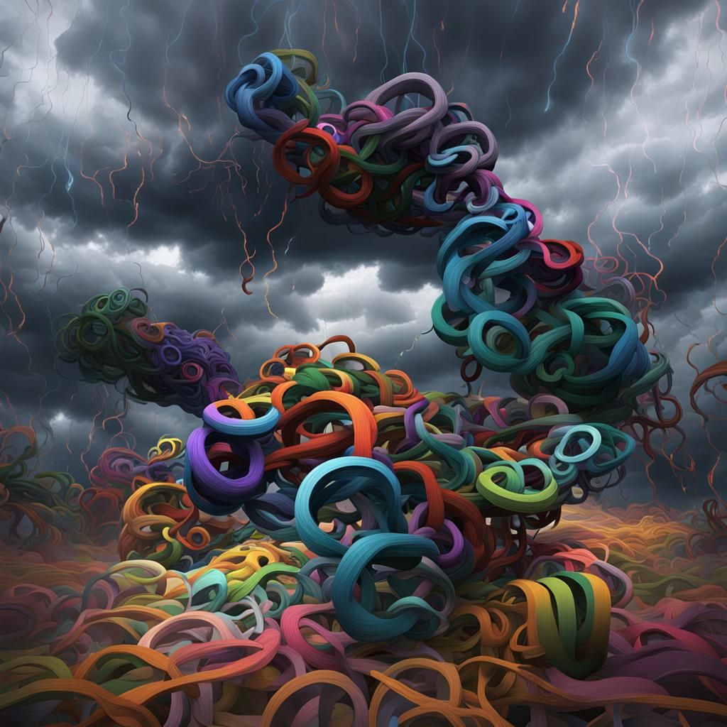 Colorful 3D Geometric Chains Against Stormy Sky