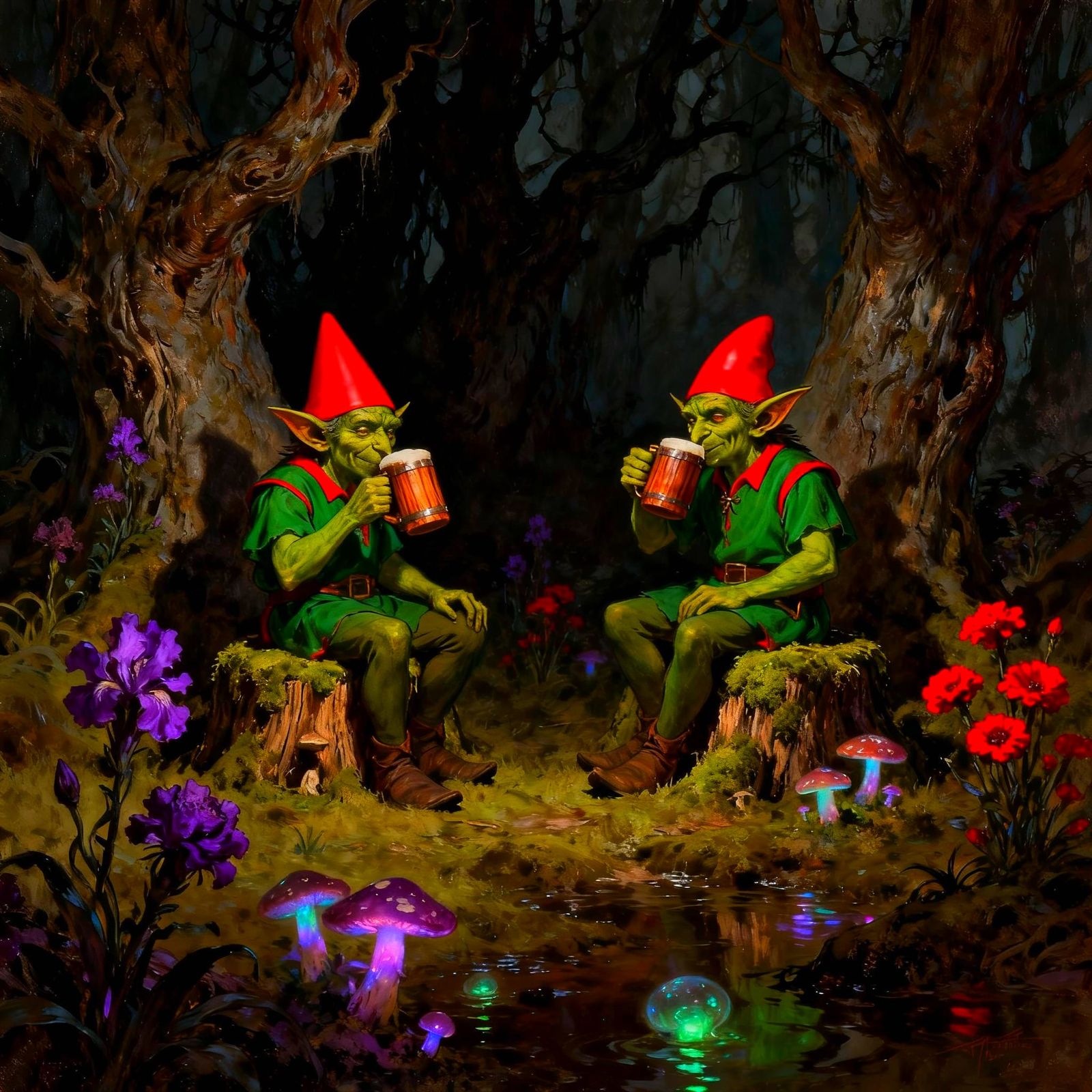 Hobgoblins Drinking Beer in a Dark Fantasy Forest