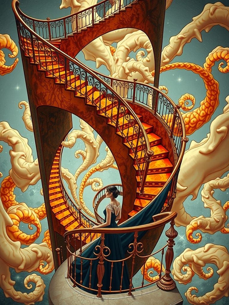 Ethereal Woman Stares Down Impossible Staircase in Muted, Es...