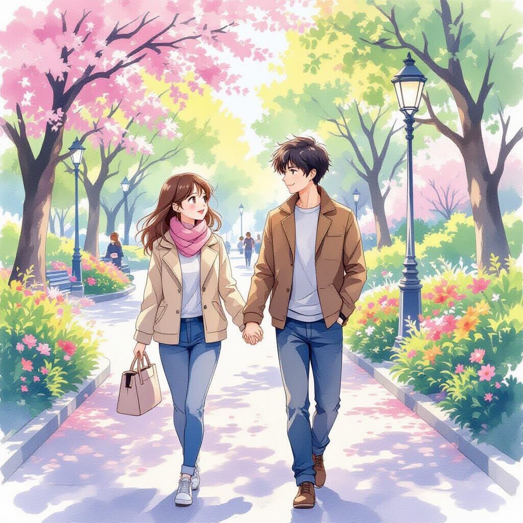 Anime Couple Stroll Through Central Park in Watercolor