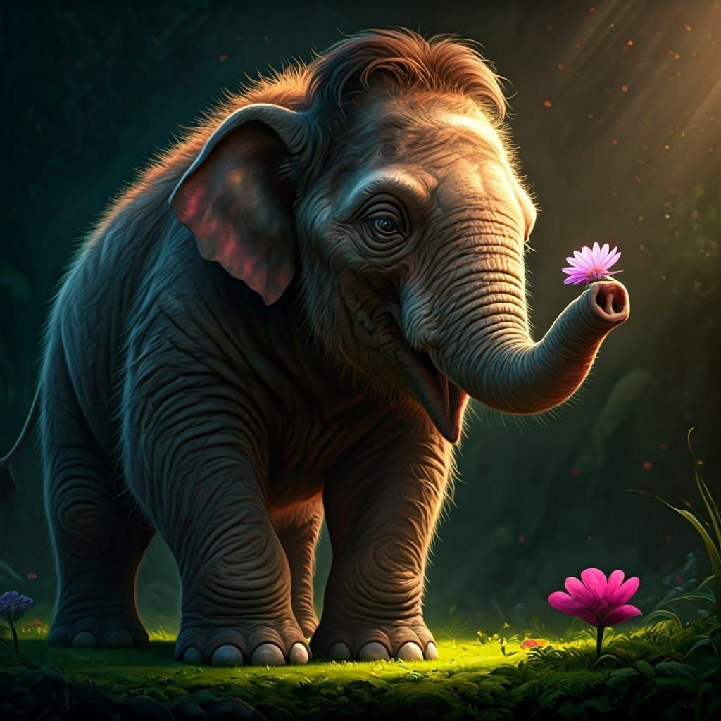 Fantastical Baby Mammoth in a Vibrant Floral Landscape