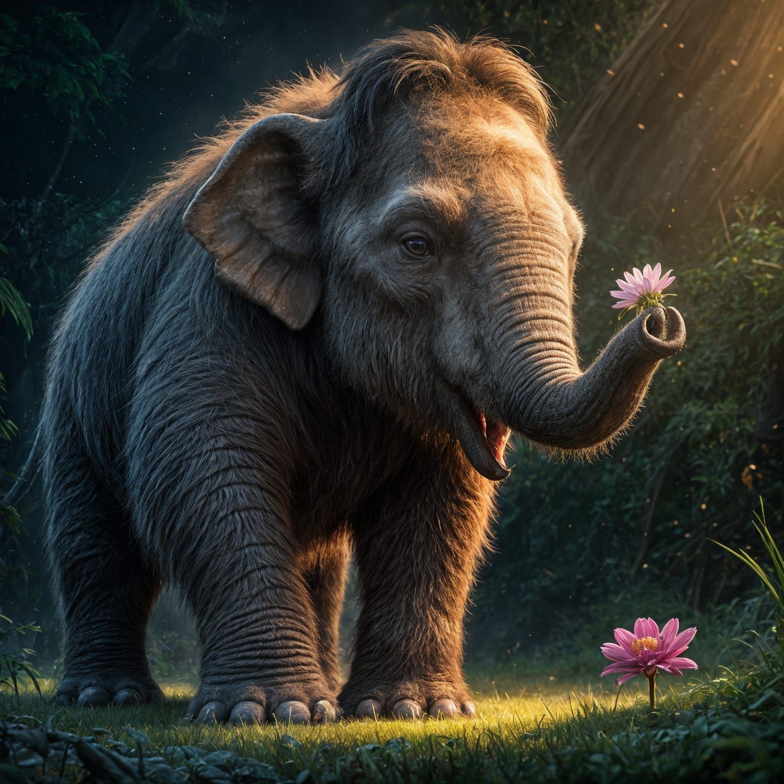 Fantastical Baby Mammoth in a Vibrant Floral Wonderland