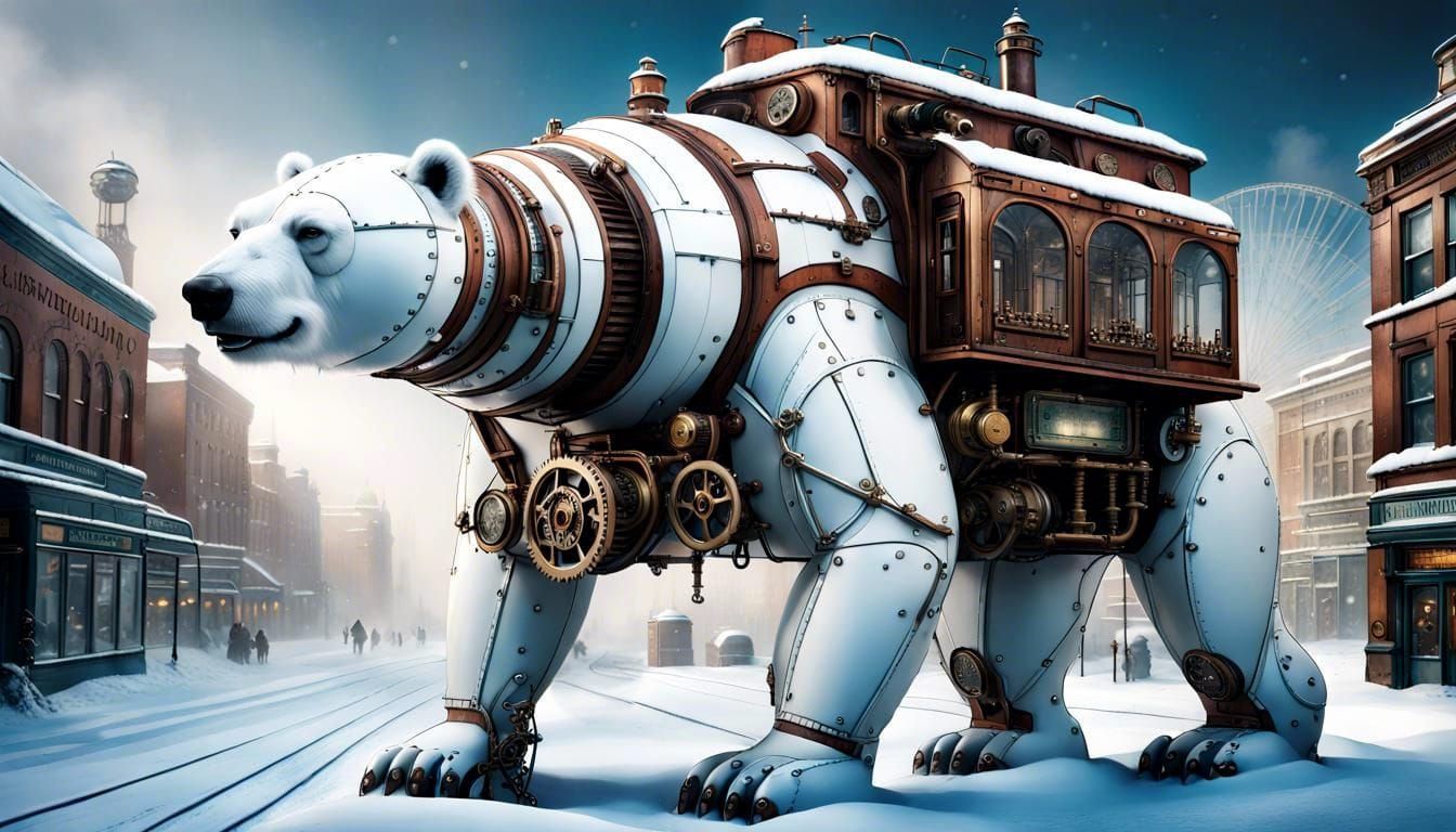 Steampunk Polar Bear Automaton in Winter Wonderland
