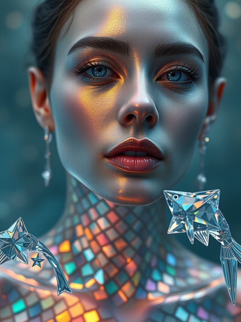Hyperrealistic Goddess with Iridescent Skin and Crystal Star...