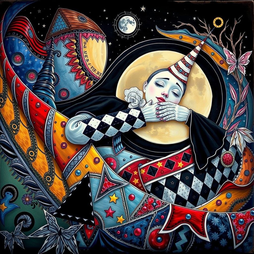 Luna Embraced by a Clown in Muted Monochrome