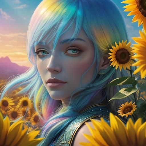 Neon Fantasy Egg Surrounded by Sunflowers