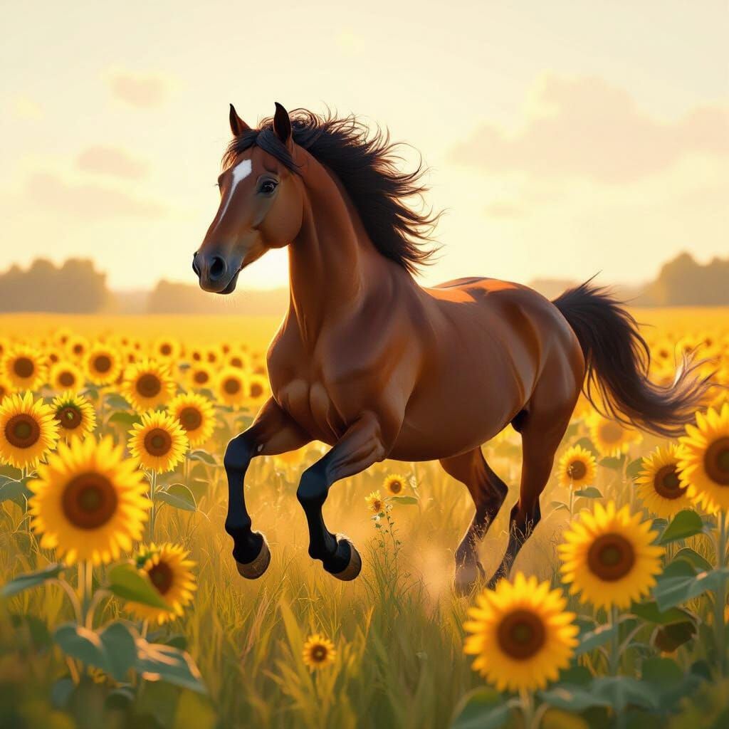 Golden Horse Leaps Through Sunlit Sunflower Field