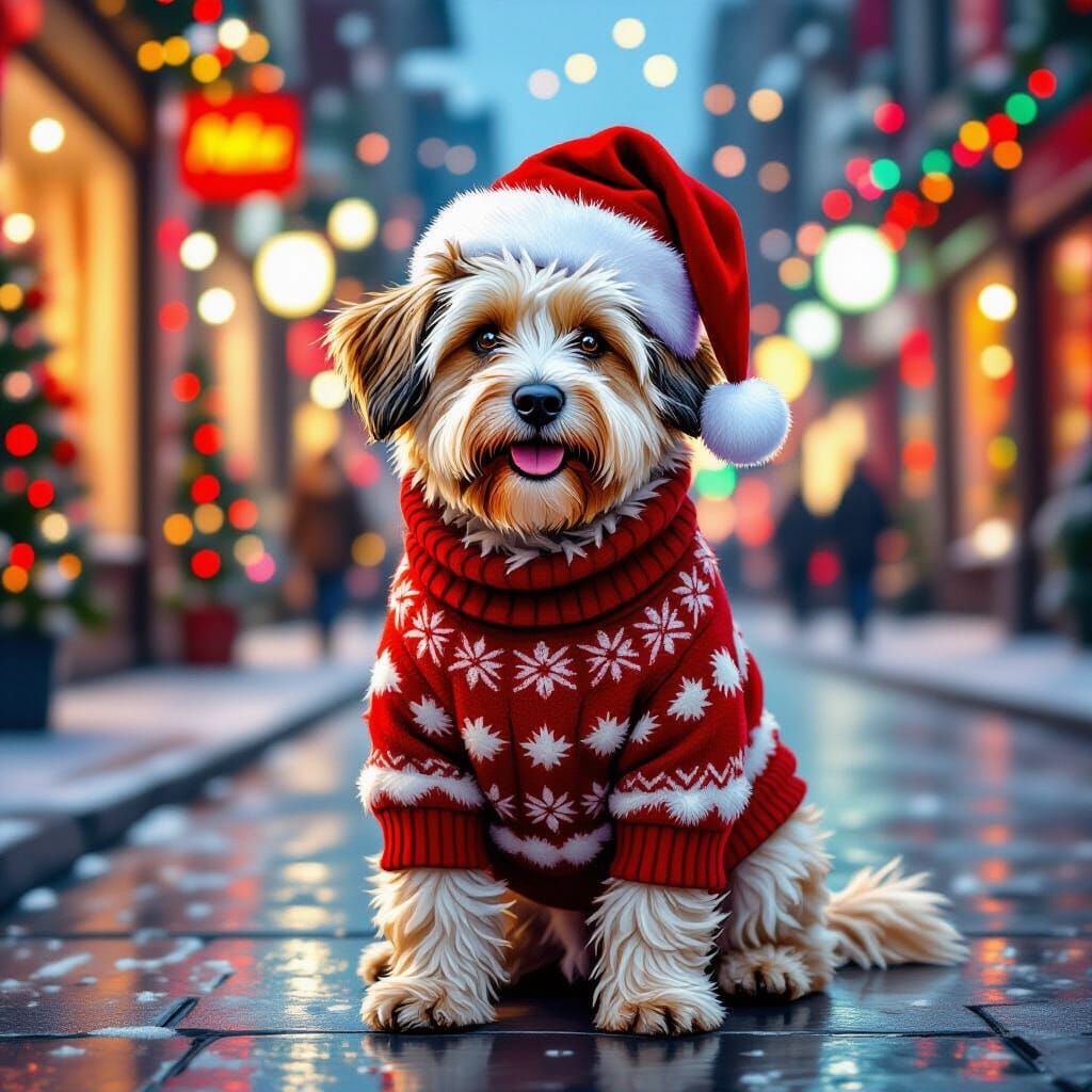 Happy Street Dog in Christmas Sweater and Santa Hat