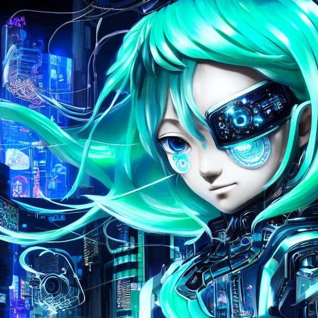Hatsune Miku as a Biomechanical Android in Cyberpunk Style