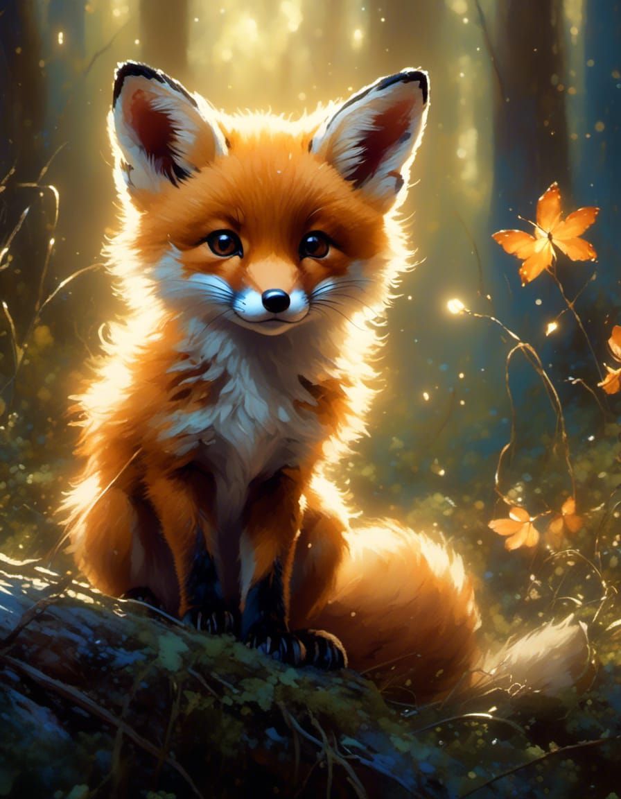 Glowing Fox Cub in Dreamlike Forest Scene