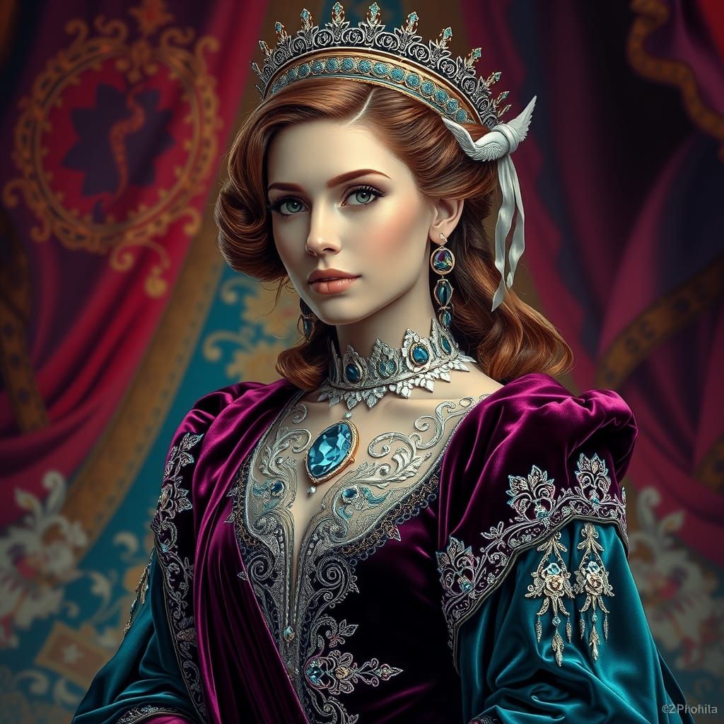 Elegant Princess in Lavish Velvet Attire, Exuding Regal Auth...