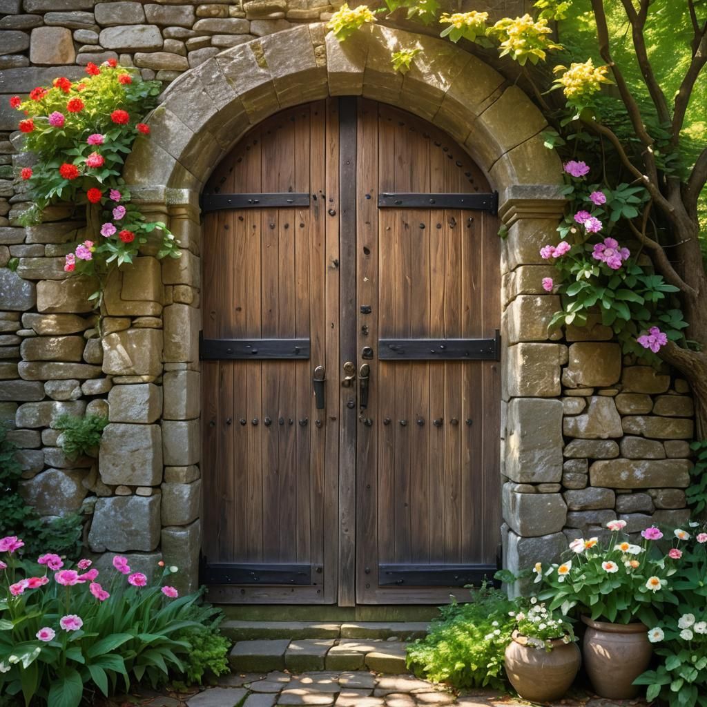 Enchanted Forest Door with Sunlit Garden