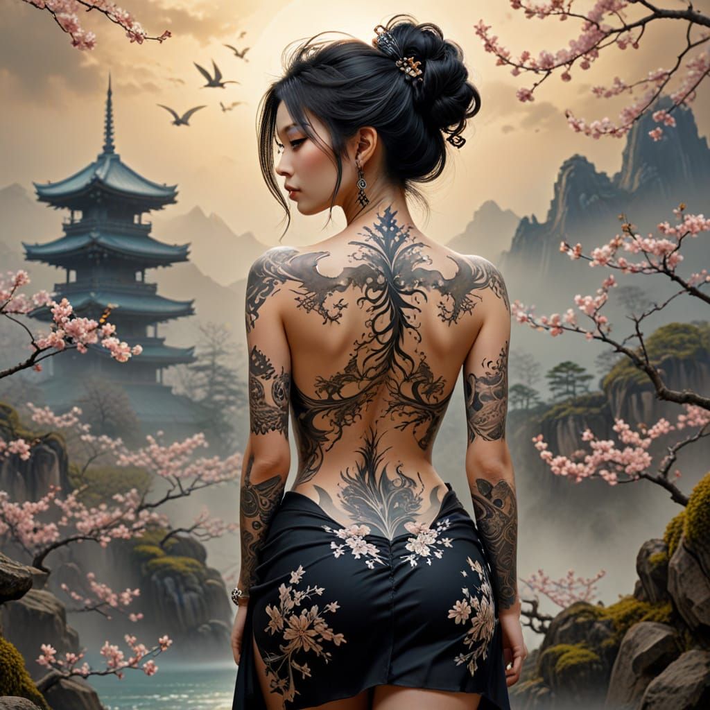 Black Sakura Fantasy Tattoo in Digital Art Style