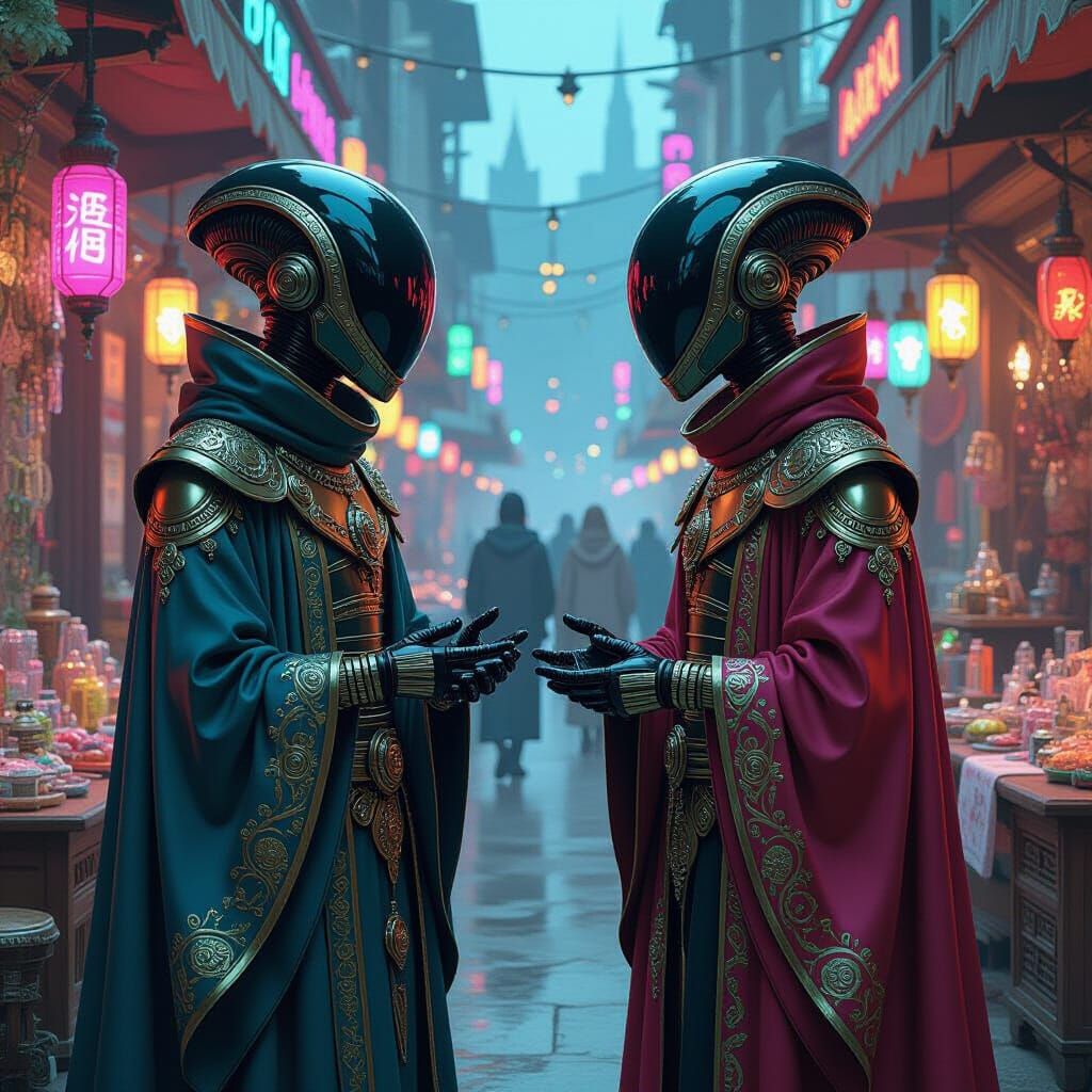 Alien Market: Humans Sold Amidst Neon Stalls