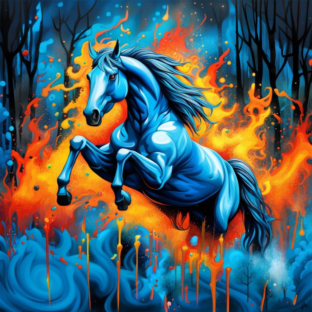 Horse Jumping Through Blue Flames: Graffiti Art