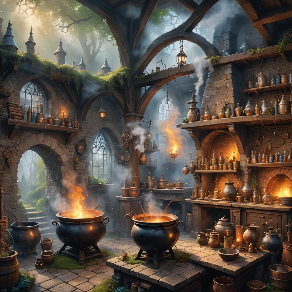 Ethereal Medieval Witch Laboratory in Deep Woods
