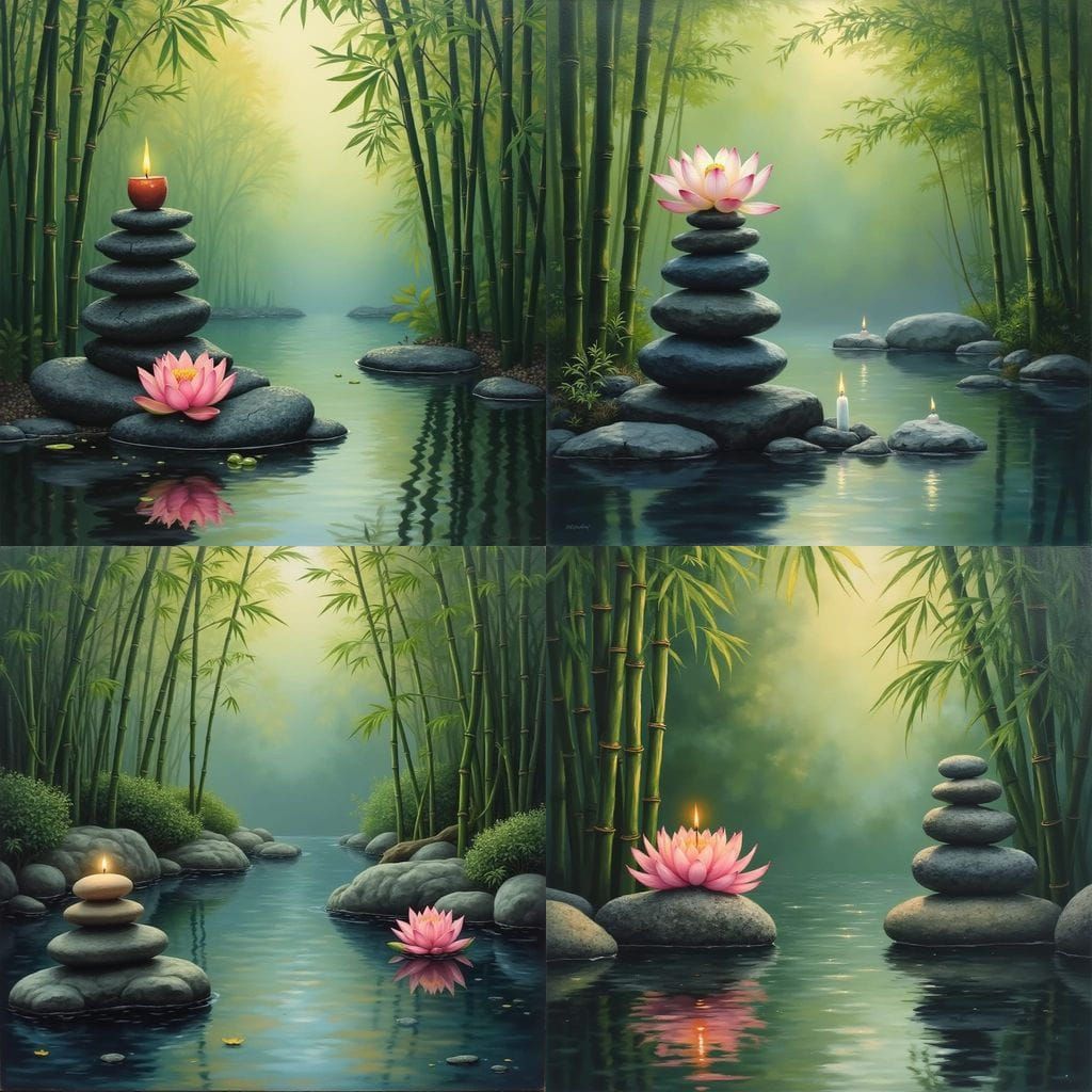Surreal Zen Bamboo Garden in Oil Painting Style