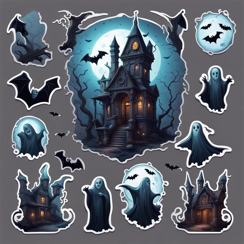 Spooky Ghost and Bats Halloween Graphic Art Stickers