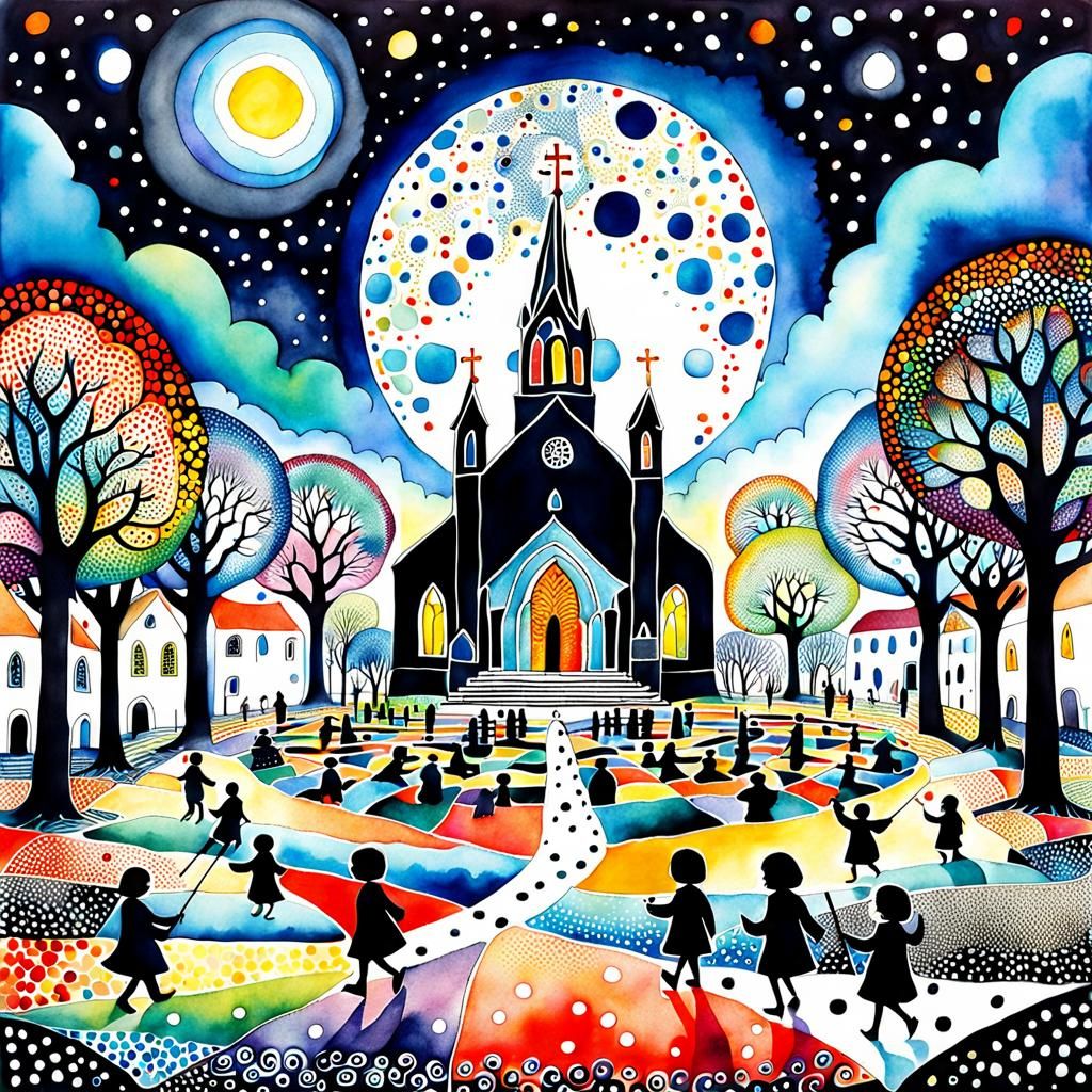 Toddlers Play in Surreal Churchyard: Watercolor Zentangle Ar...