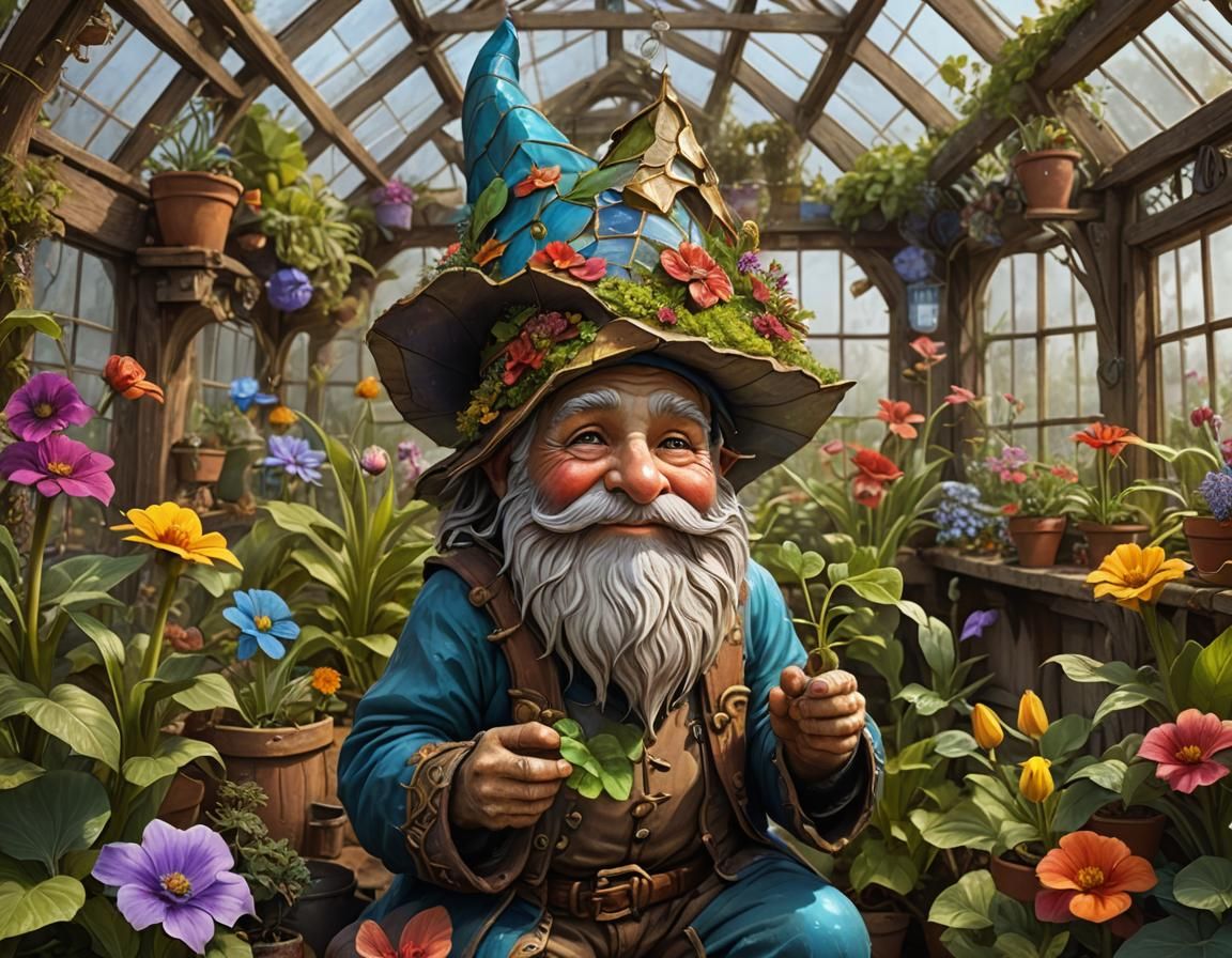 Whimsical Gnome in Greenhouse with Magical Plants