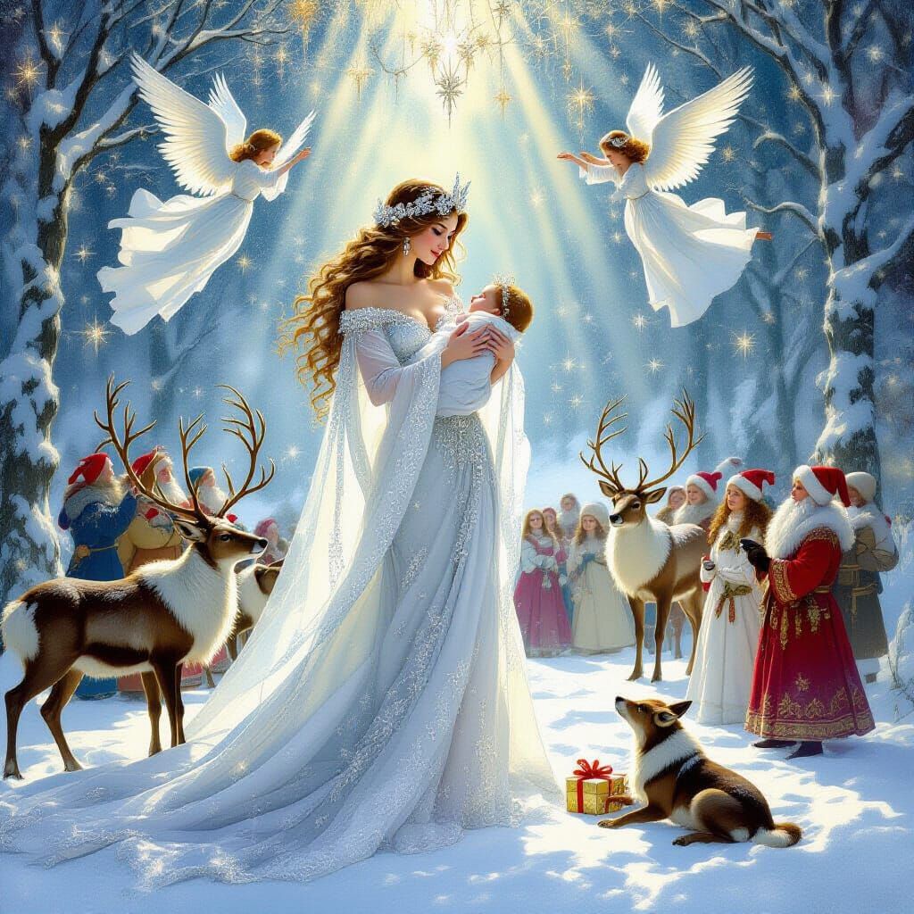 Ethereal Ice Goddess in Diamond Robe with Winter Revelers