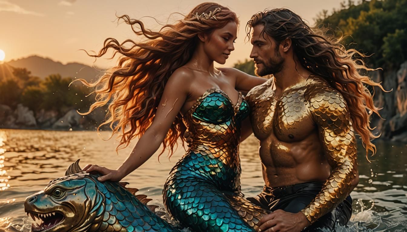 Mermaid Riding Centaur in Golden Hour Light