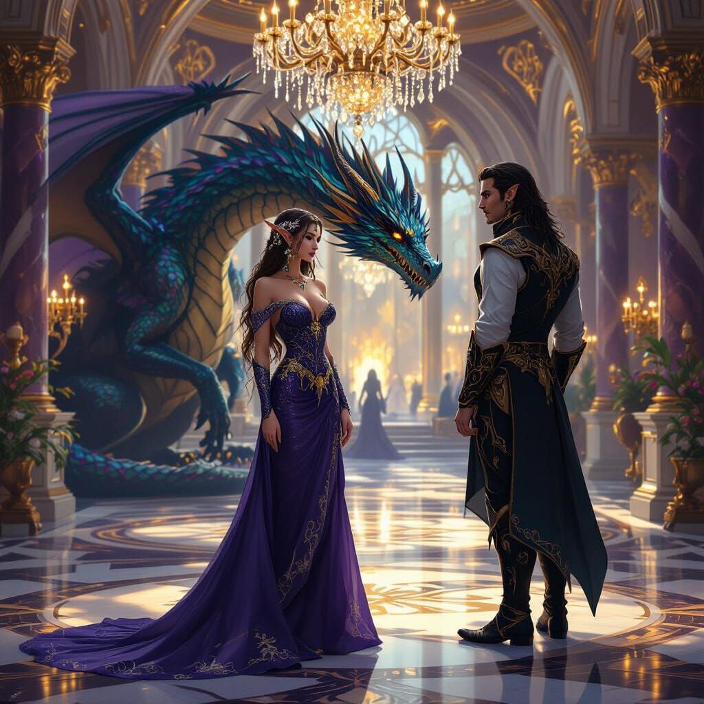 Elegant Fantasy Ballroom Scene with Dragon Shifter