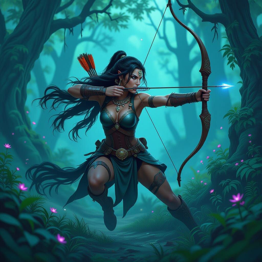 Female Centaur Warrior Charges Through Bioluminescent Forest