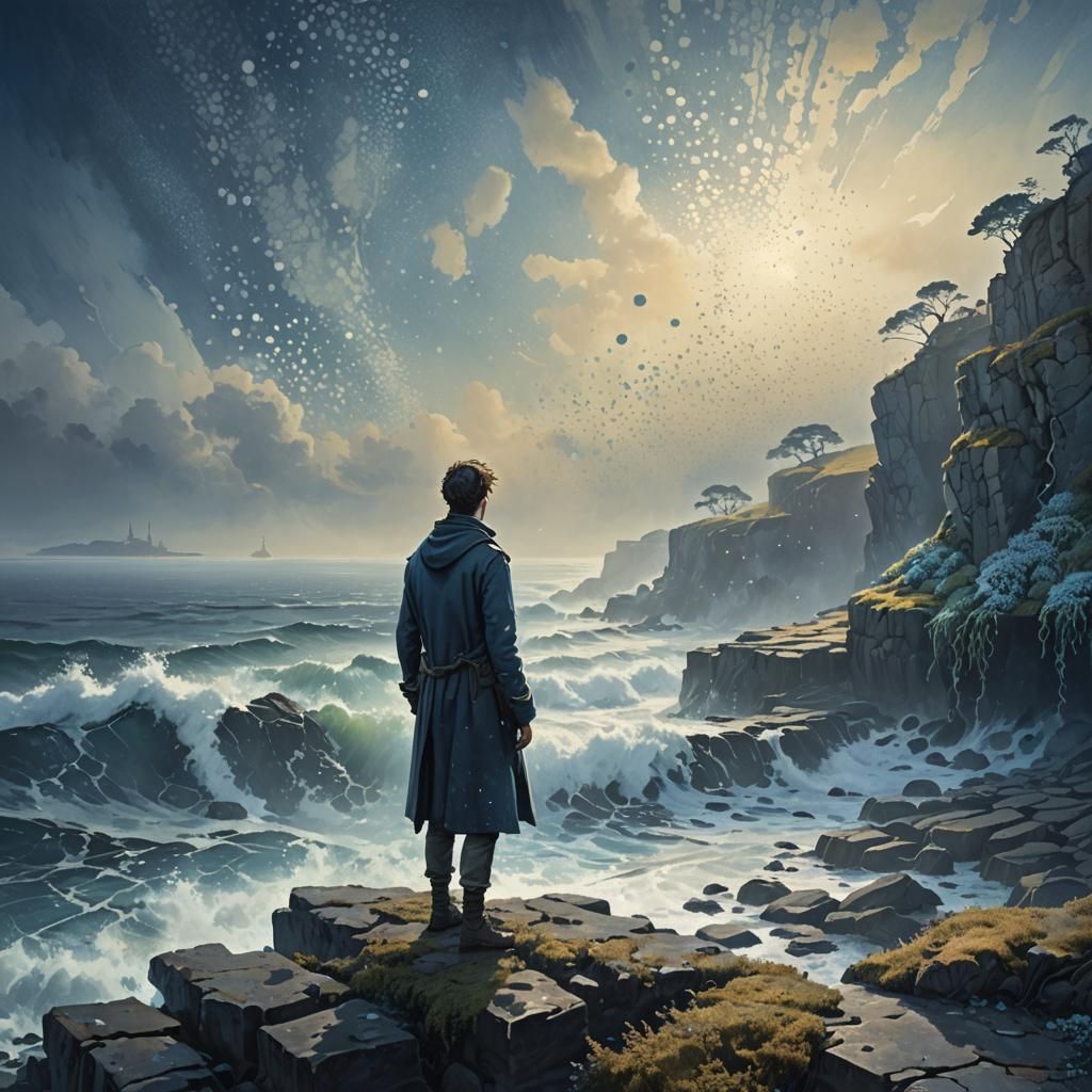 Figure Gazing from Misty Sea Wall in Art Nouveau Style