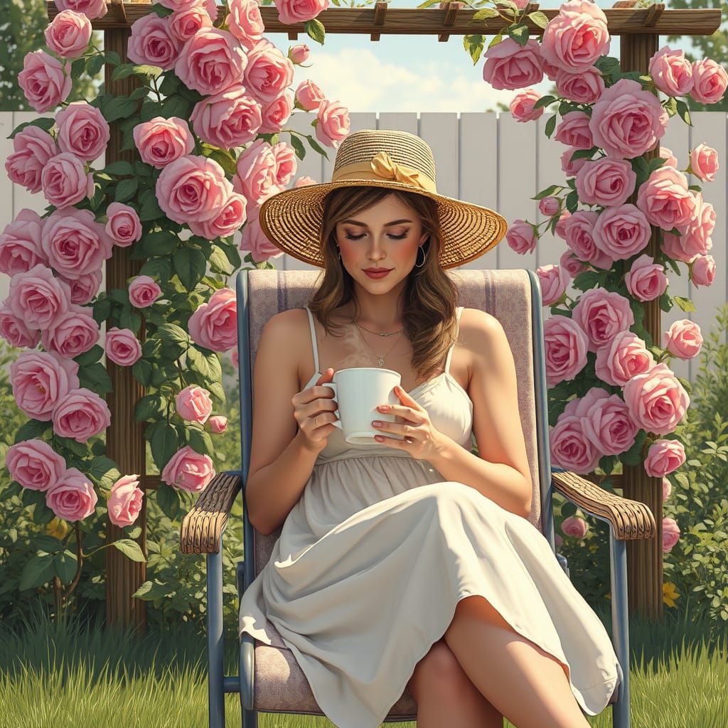 Woman with Coffee in Rose Garden, Comic Book Style