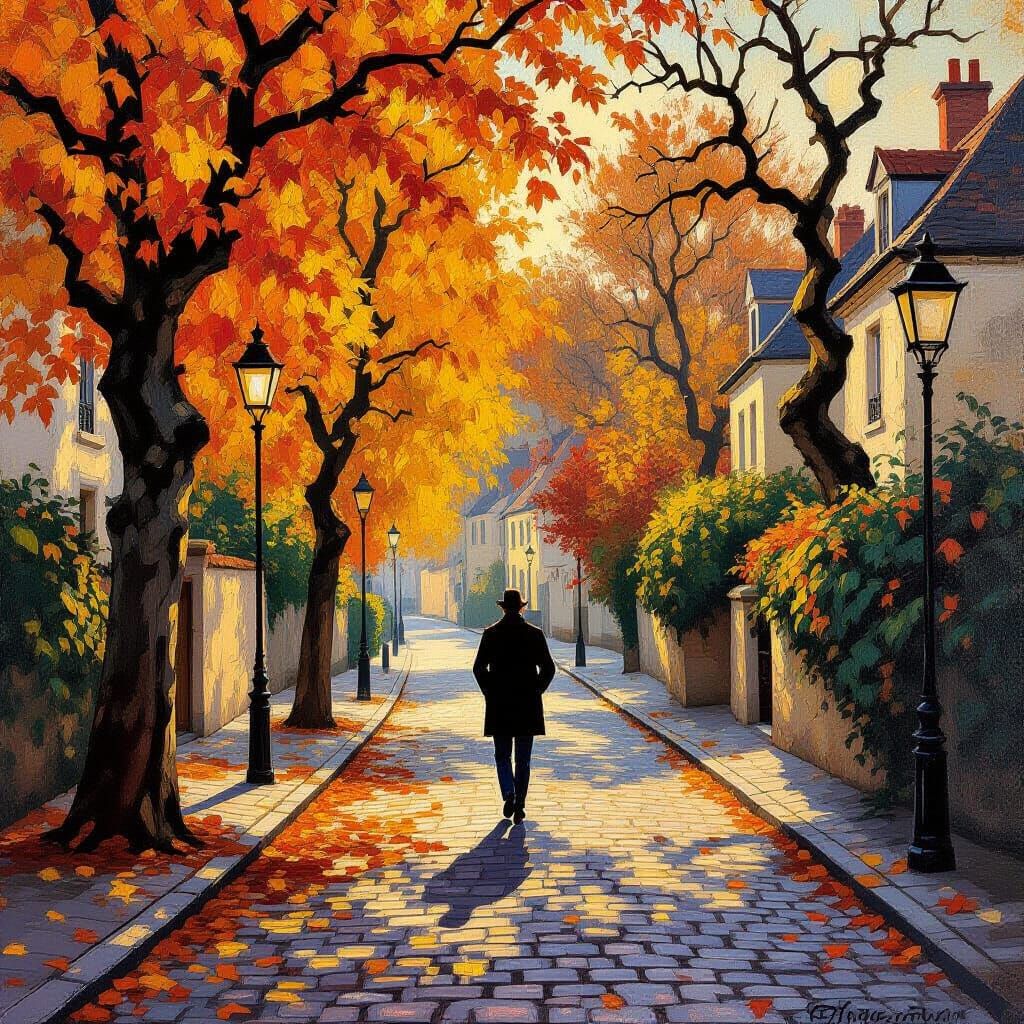 Solitary Autumn Walk Down Cobblestone Street in Golden Hour ...