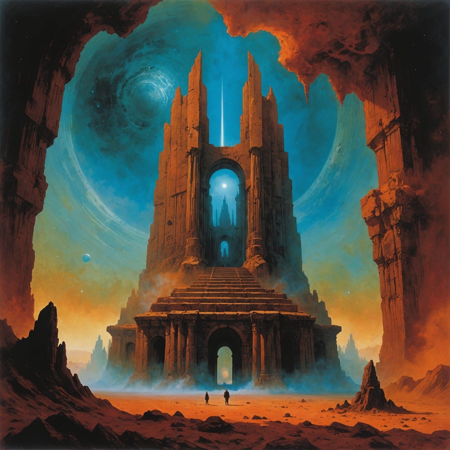 Futuristic Ancient Temple in Nebula Cloud