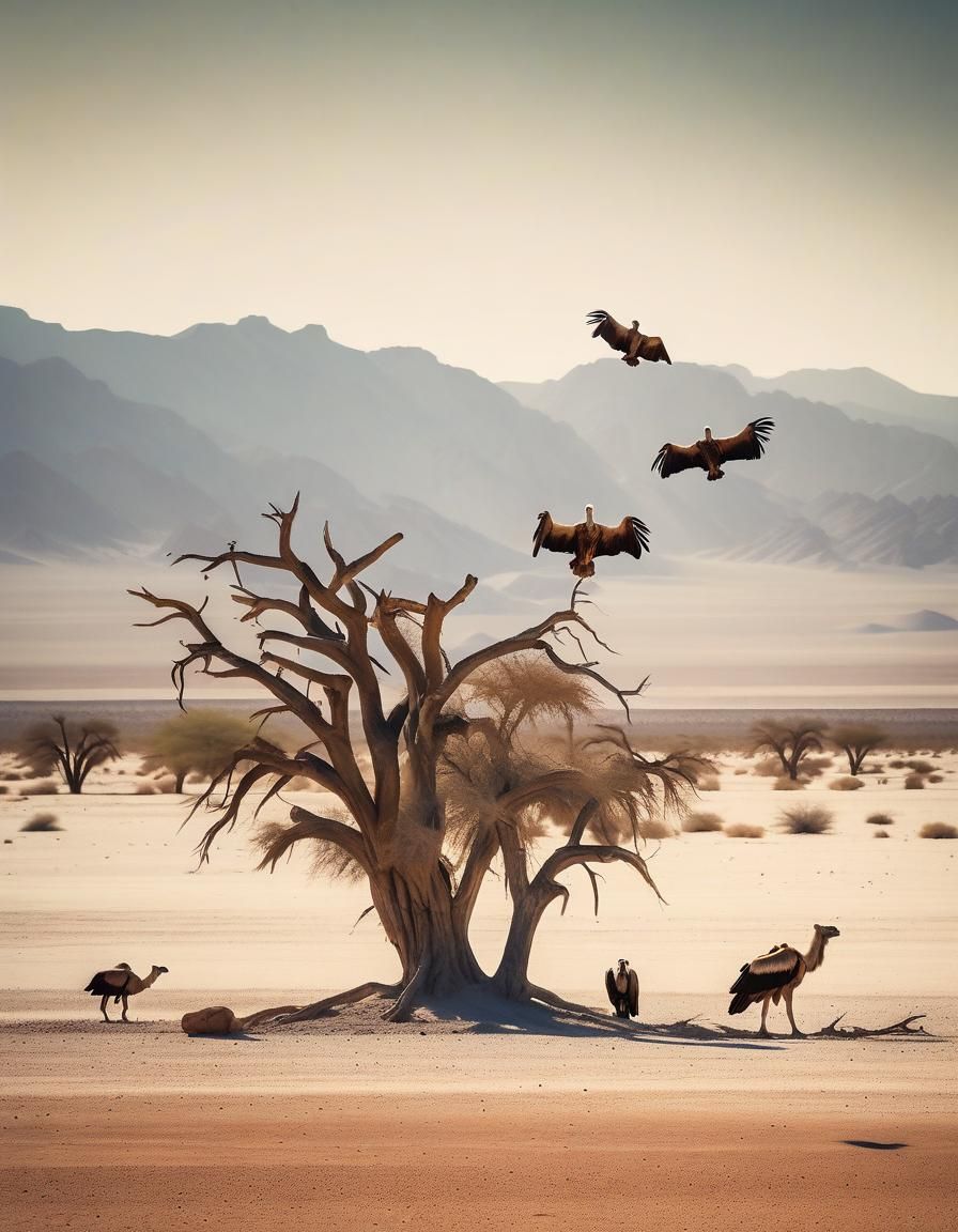 Vultures Over Desert Carcass: Cinematic Still