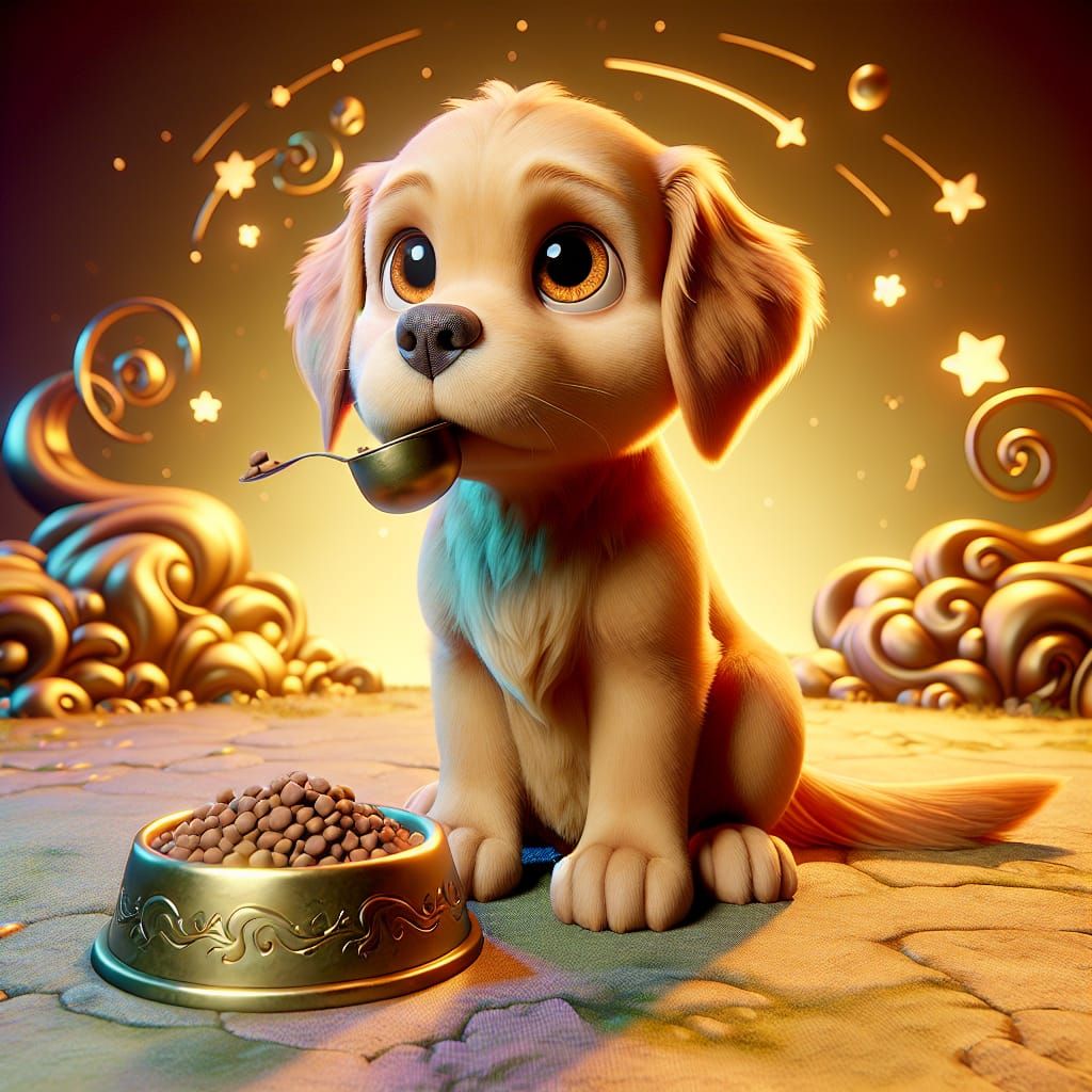 Endearing Cartoon Golden Retriever Puppy with Food Bowl