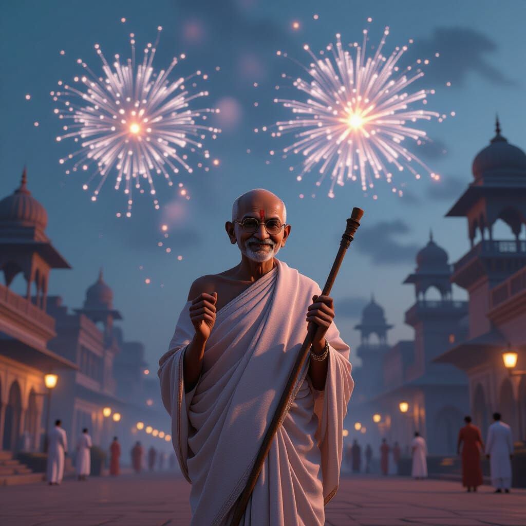 Mahatma Gandhi Celebrates Diwali in Futuristic India