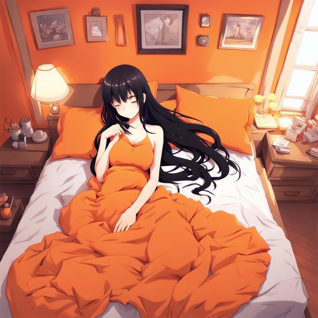 Anime Girl Sleeping in Orange Room