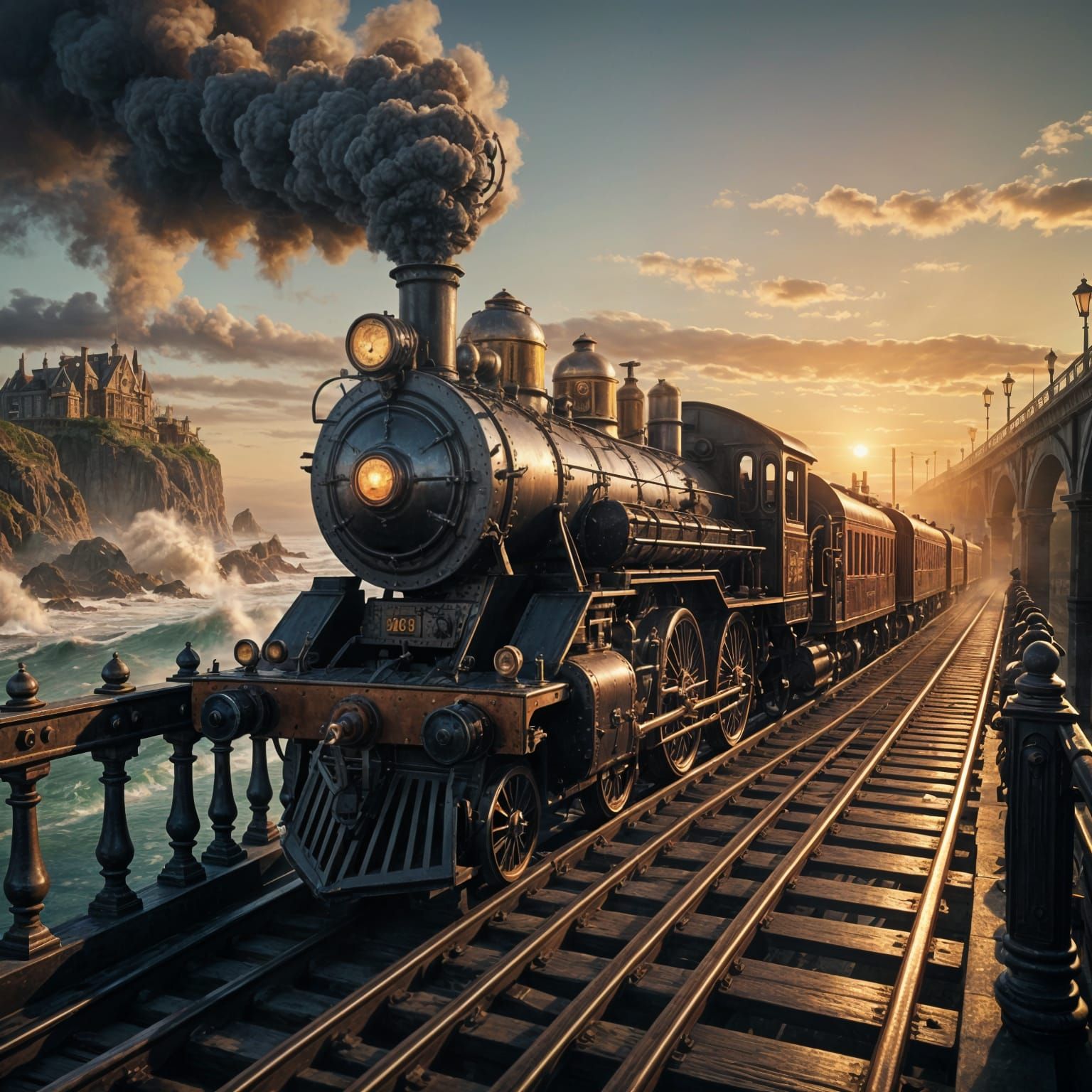 Steampunk Train Chugs Through Foggy Bridge
