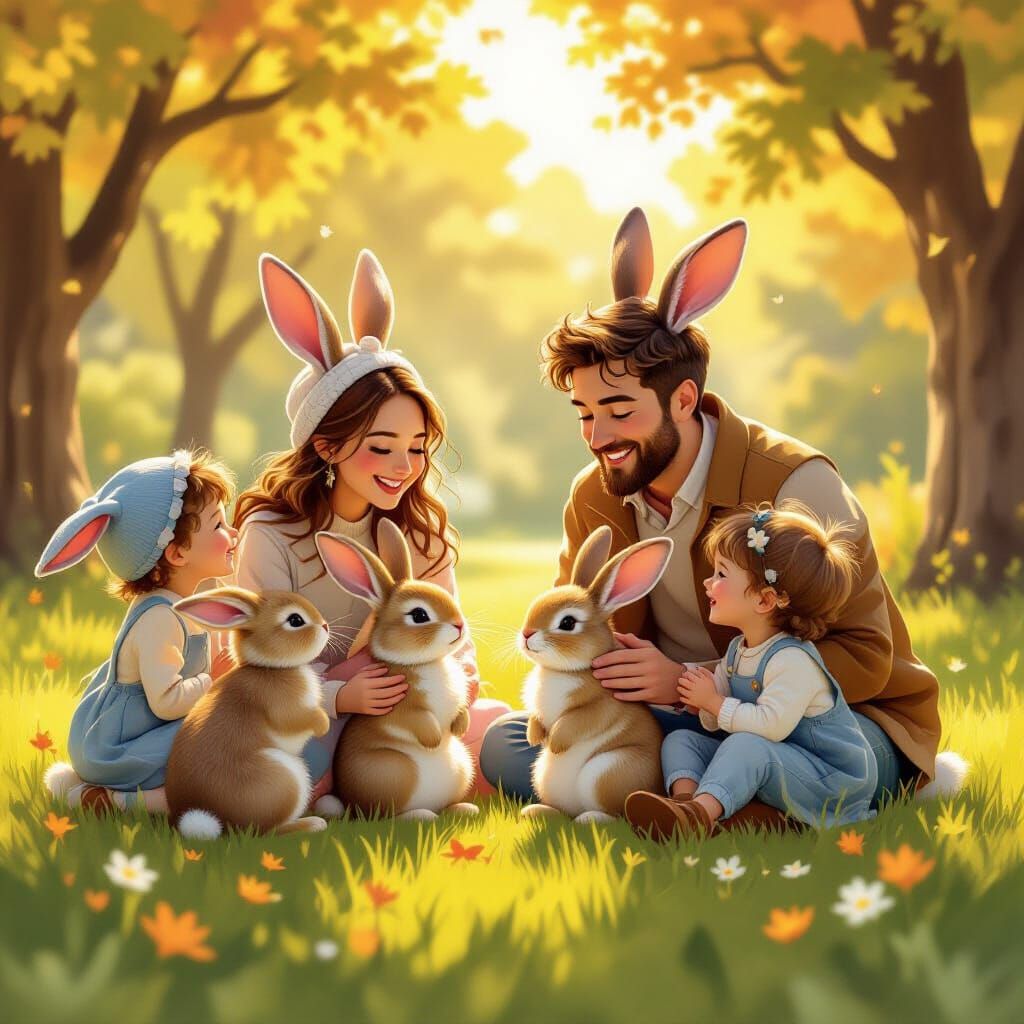 Rabbits and Humans Celebrate Together in Storybook Style
