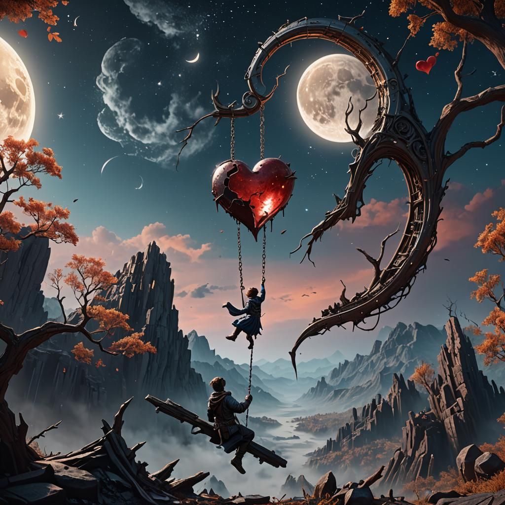 Broken Heart Swinging from the Moon in Matte Painting Style