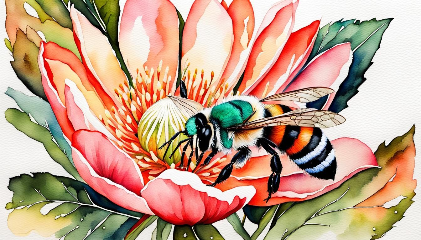 Blue-Banded Bee and Protea: Watercolor Painting