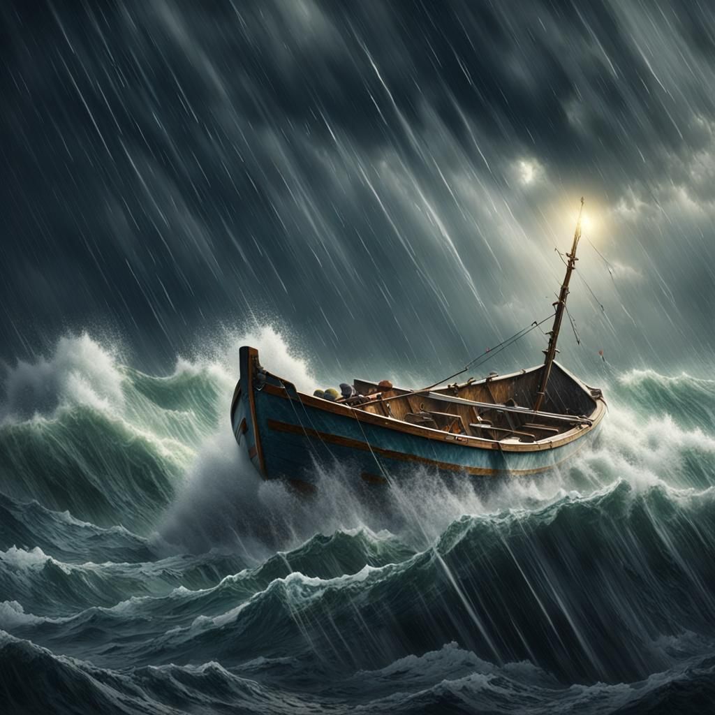 Rowboat Adrift on Stormy Sea: Old Master Painting