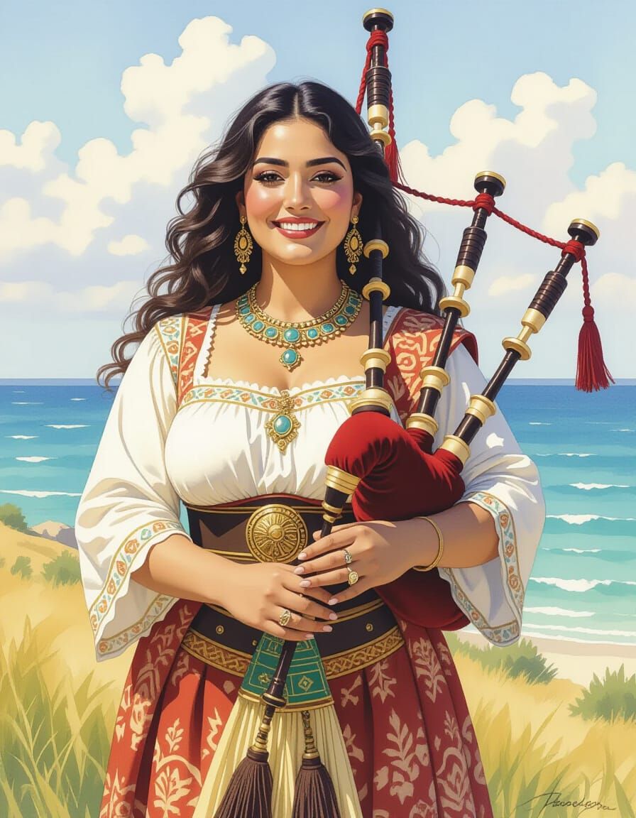 Egyptian Woman Plays Bagpipes on Scottish Hilltop in Waterco...