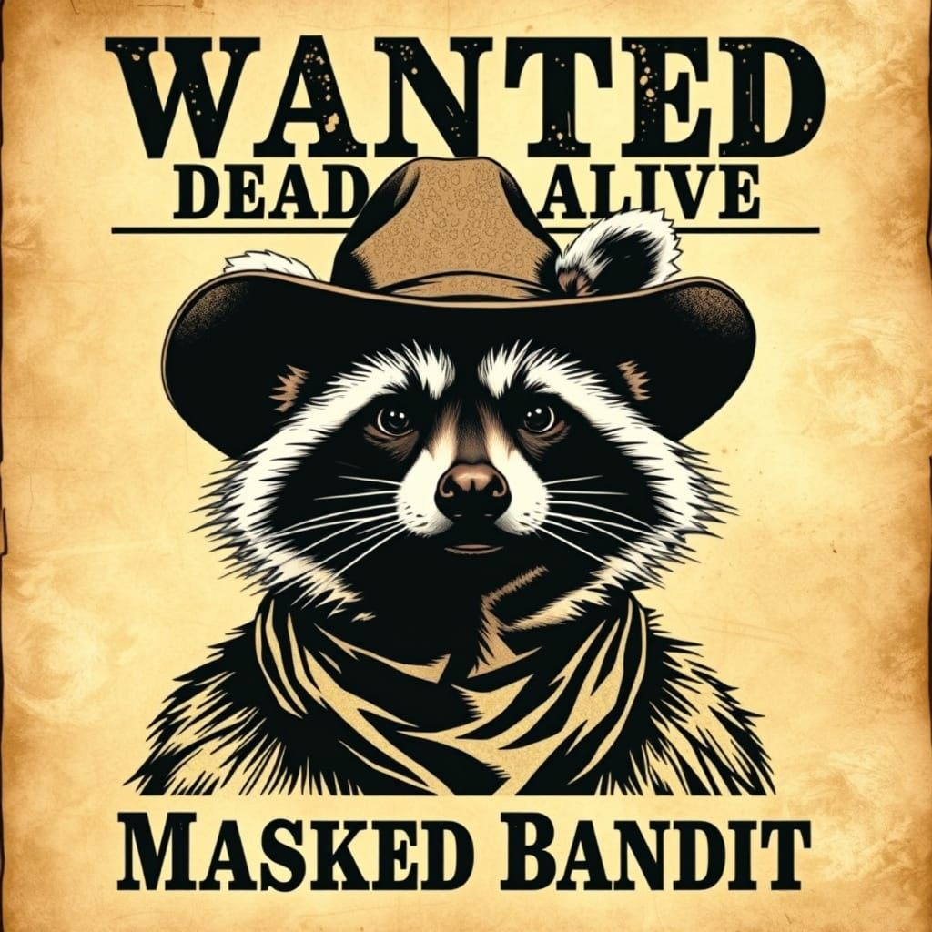 Raccoon Cowboy Wanted Poster: Masked Bandit