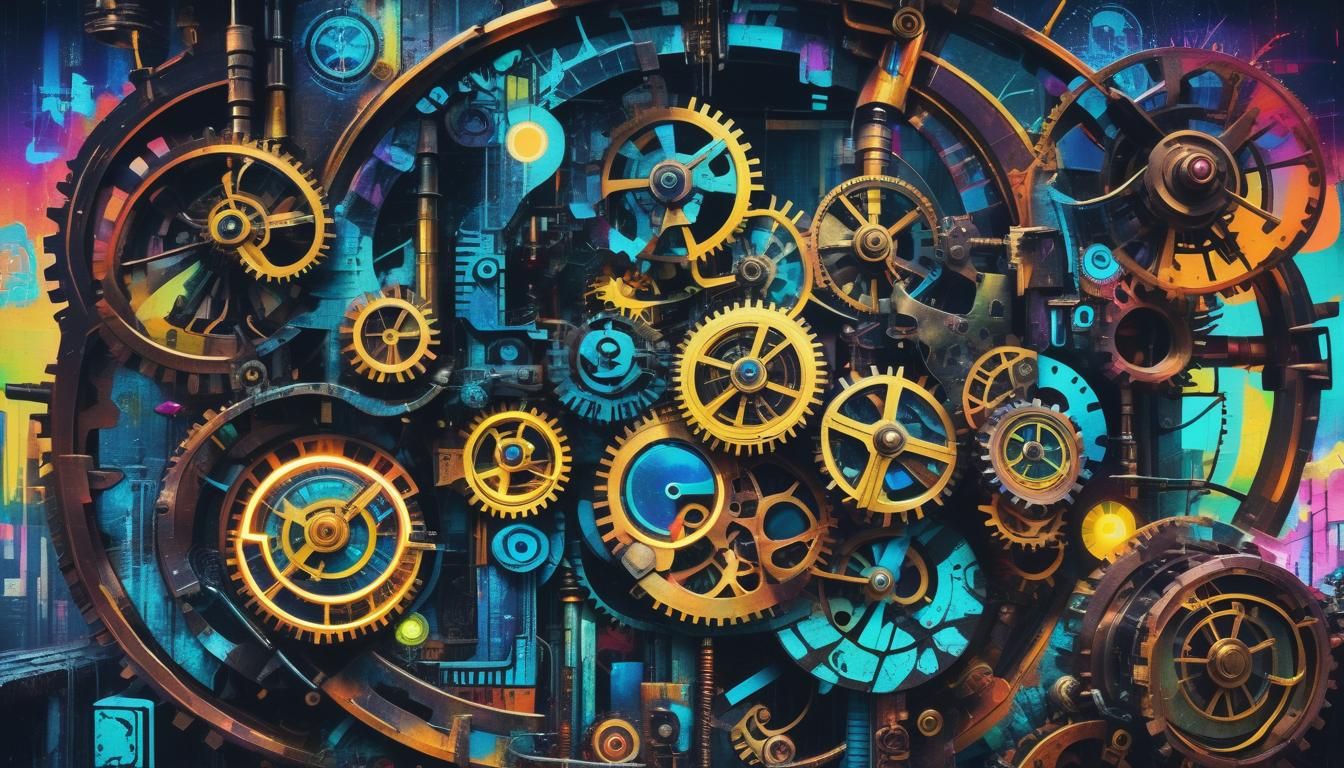 Steampunk Collage with Clockwork and Neon Lights