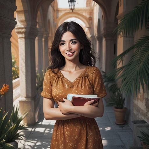 Woman Steps into Spanish Courtyard at Sunset