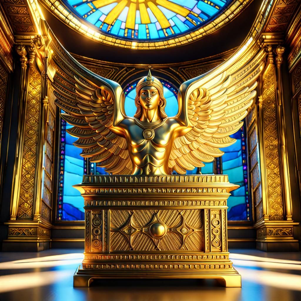 'ark of the covenant' golden box with golden angel statues i...