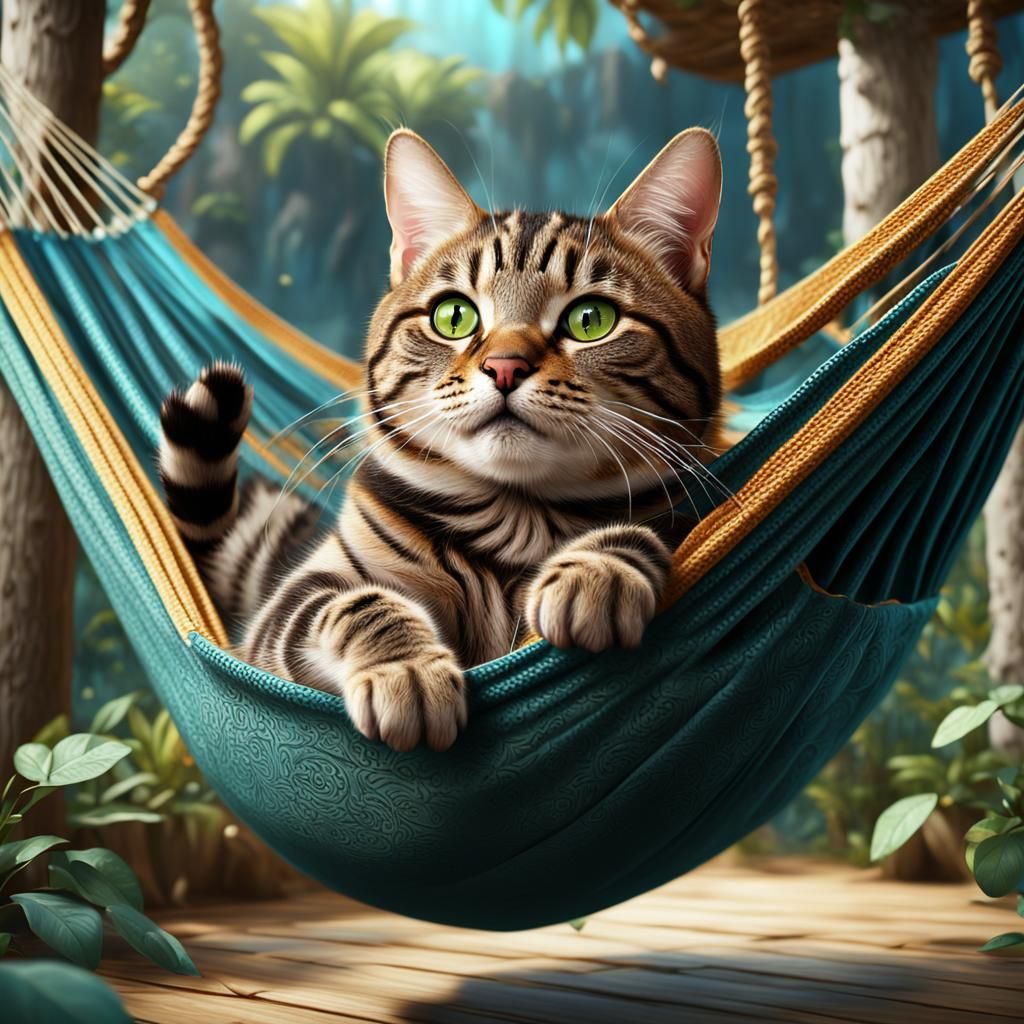 Tabby Cat Relaxing in Hammock: Fantasy Concept Art