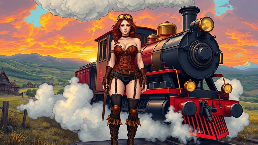 Female Adventurer Beside Steam Train in Fauvist Style