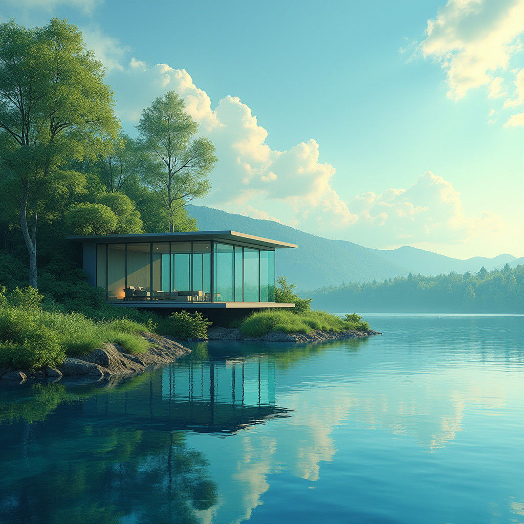 Glass House by Lake in Dreamy Impressionist Style