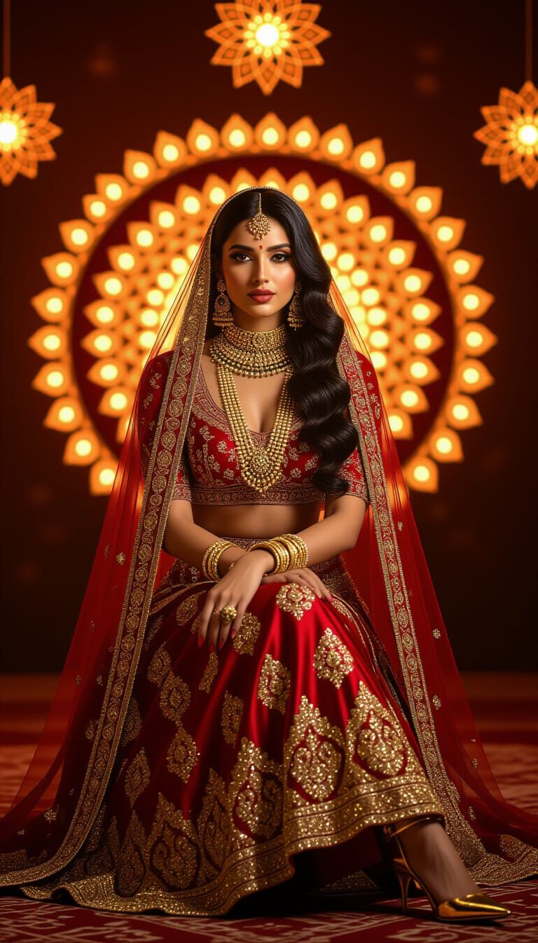 Indian Woman with Golden Jewelry in Fashion Photography Styl...